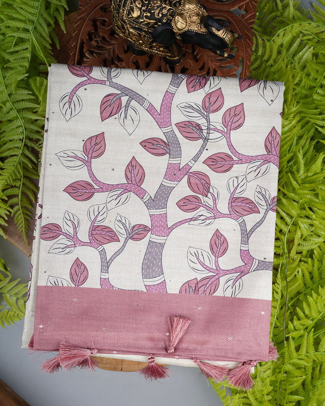 Tusser silk saree with All over animal and digital print - Cream & Pink
