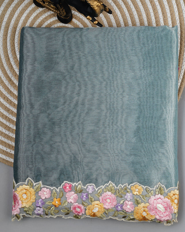 Tissue linen saree with kora thread work border - Green & Blue