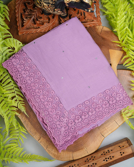 Mul Chanderi saree with Mirror work and lace Border - Lavender