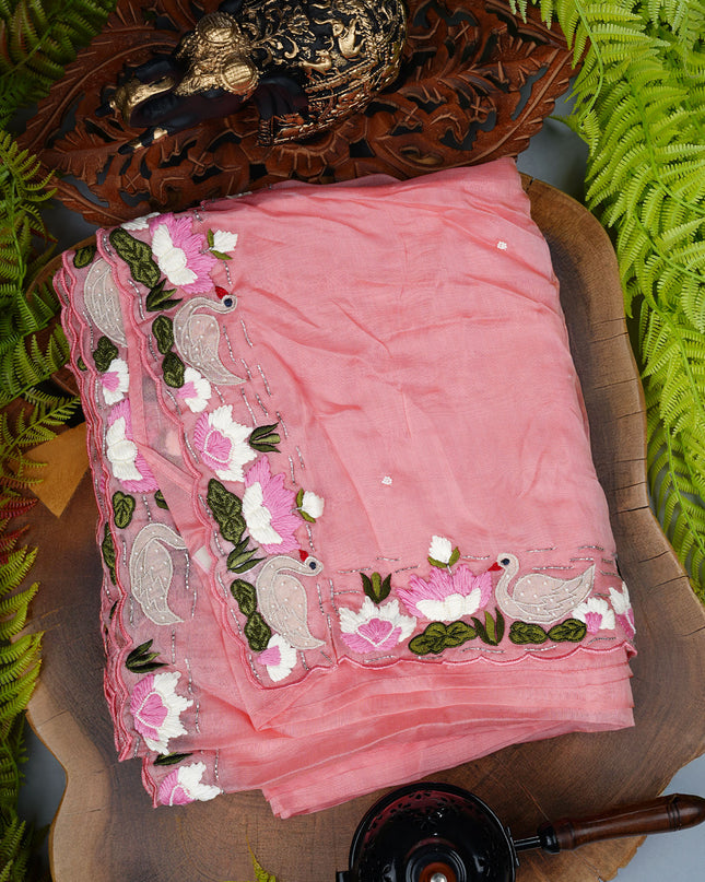 Russian crape saree with thread work and scallop border - Pink