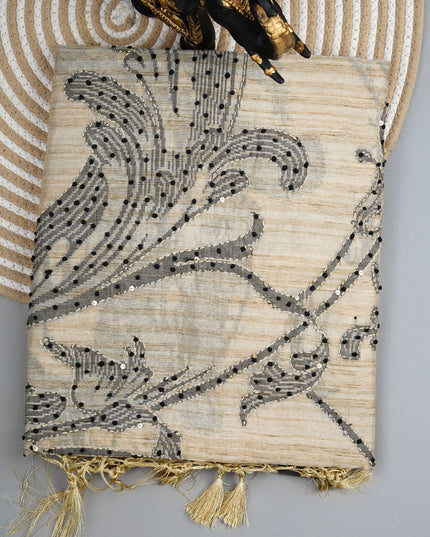 Tussar silk sarees  with knot and kantha work and  contracts  border - Beige