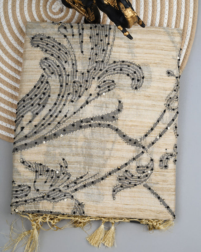 Tussar silk sarees  with knot and kantha work and  contracts  border - Beige