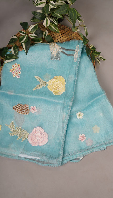 Tissue Organza Embossed Work Lace Border - Sky Blue