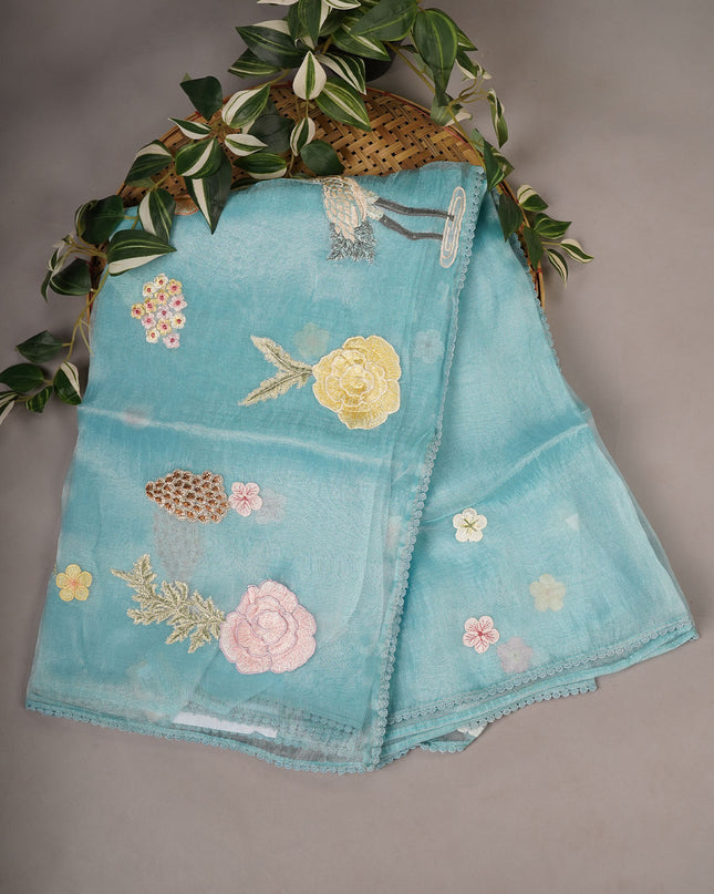 Tissue Organza Embossed Work Lace Border - Sky Blue