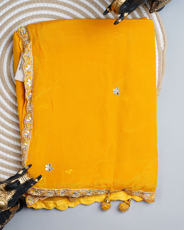 Italian Crape Mirror Work Booties With Kardhana Work - Yellow