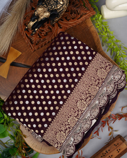 Banarasi Kaddi Georgette Saree With Gold & Silver Polka Dot With Scallop Border - Wine