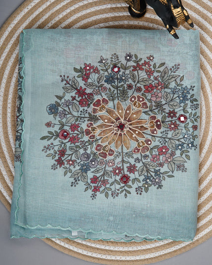 Tissue linen saree with floral Butties And Dori work With scallop border - Blue
