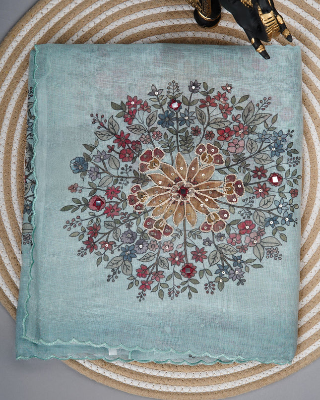 Tissue linen saree with floral Butties And Dori work With scallop border - Blue