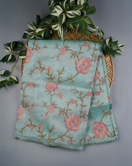 Tissue Lenin Saree with Thread Embroidery Work and Lace Border- Mint Blue