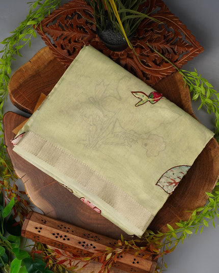 Tissue Linen Saree With  Floral Embroidery & Sequins Work - Light Green