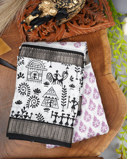 Muslin Silk Saree With Warli Art Border - White & Lavender