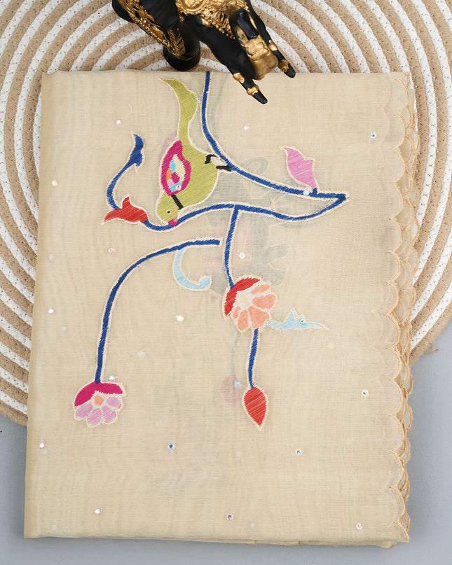 Tissue linen saree with applique work butties and mirror work and scallop border - Beige