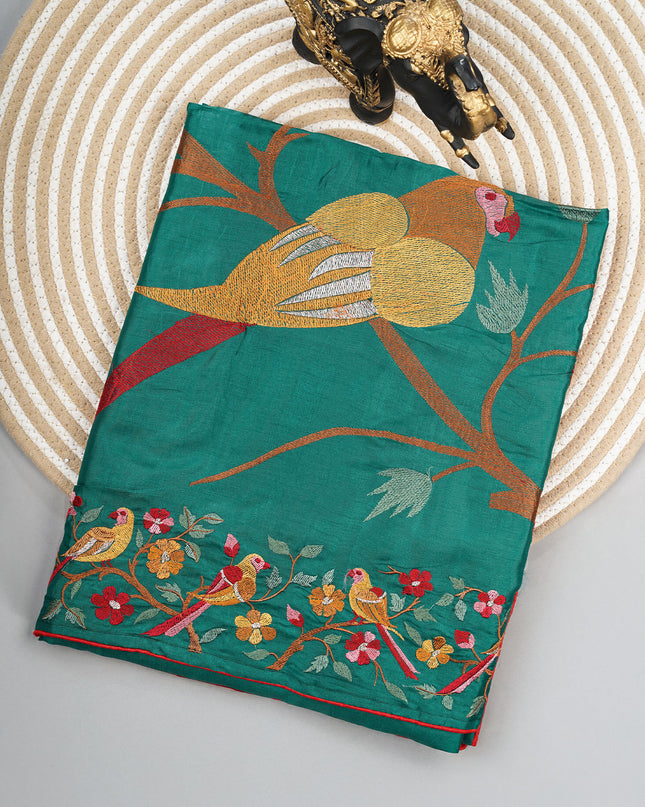 Dupion saree with  golden butties and thread work and border - Bottle Green