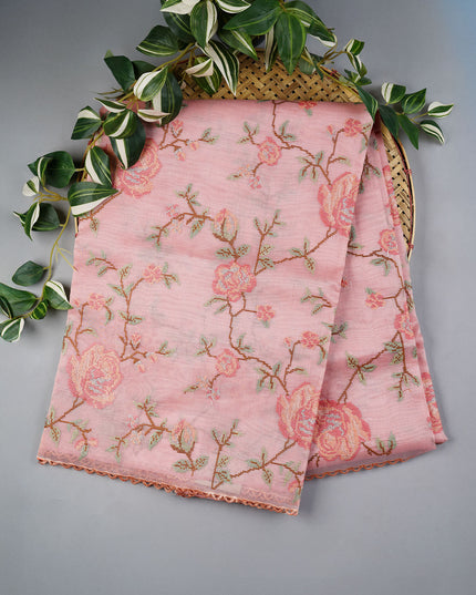 Tissue Lenin Saree with Thread Embroidery Work and Lace Border- Pink