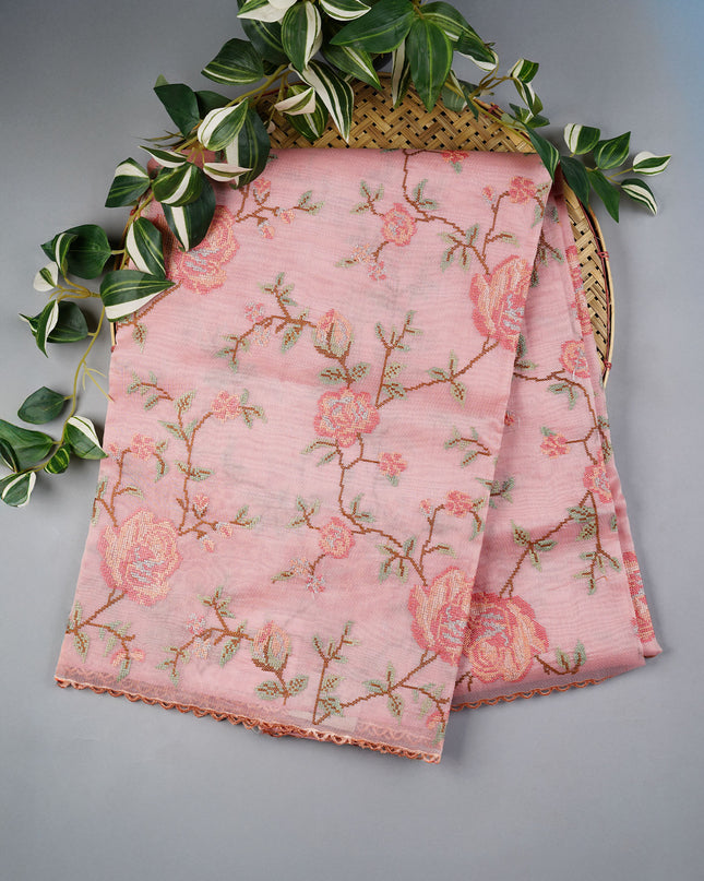 Tissue Lenin Saree with Thread Embroidery Work and Lace Border- Pink