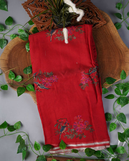 Kota Saree with Thread Work Butties Silver Zari Border- Red