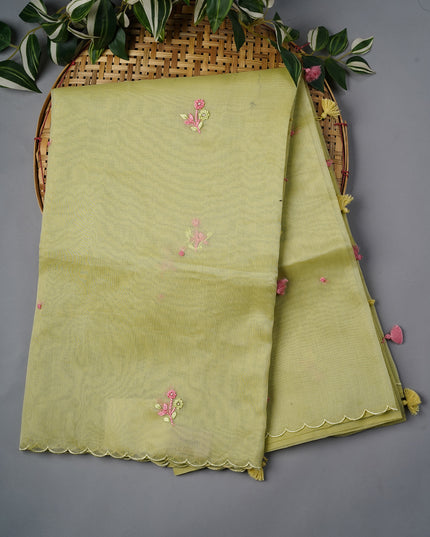 Tissue Linen Saree With Thread Knot Work Butties With Scallop Border - P Green