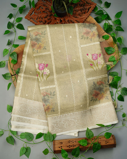 Handloom Jute Chanderi Saree with Floral Print and a Woven Border- Olive Green