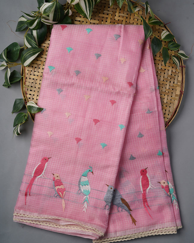 Silk Kota Saree With Thread Embroidery Butties And Border - Baby Pink