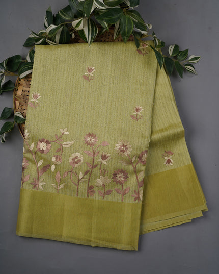 Jute Lenin with Thread Embroidery Butties and Satin Border- Pista Green