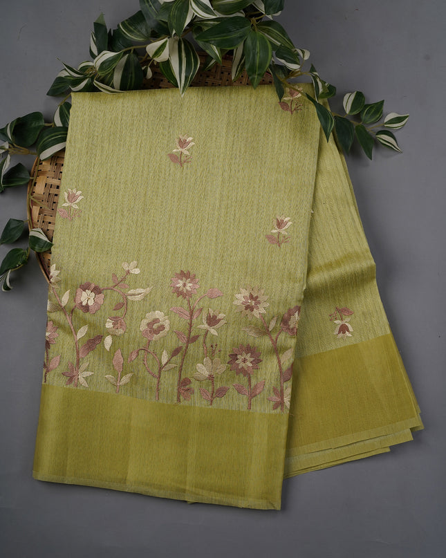 Jute Lenin with Thread Embroidery Butties and Satin Border- Pista Green