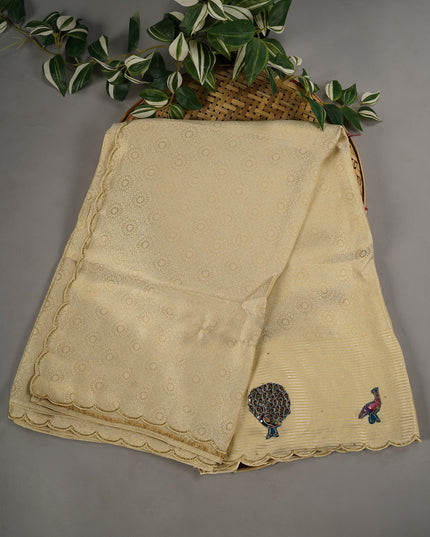 Banaras Silk With Applique And Scallop Border With Kardana Work -  Beige