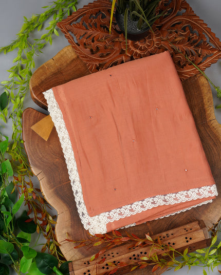 Mul Chanderi Saree With Mirror Work and Lace Border -Peach