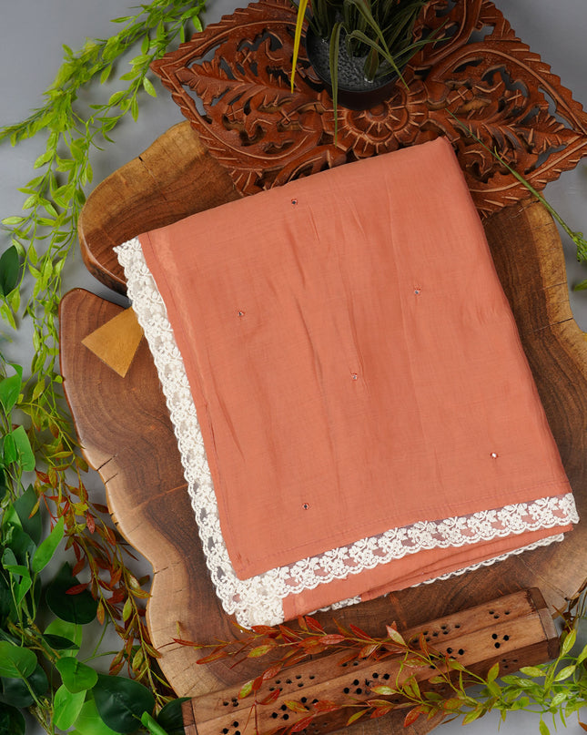 Mul Chanderi Saree With Mirror Work and Lace Border -Peach