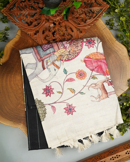 Tusser Silk Saree with Digital Print and Contrast Border- Black