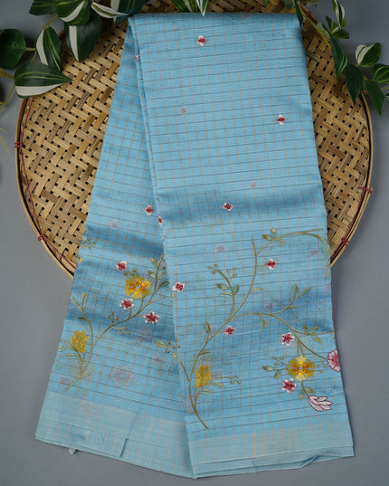 Mangalagiri Silk Saree Embroidery Work With Border - Sky Blue