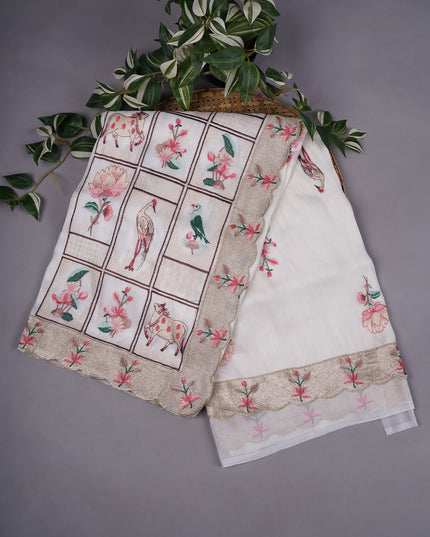 Tissue Soft Organza Silk with Zari & Thread Embroidery, Pichwai design - White