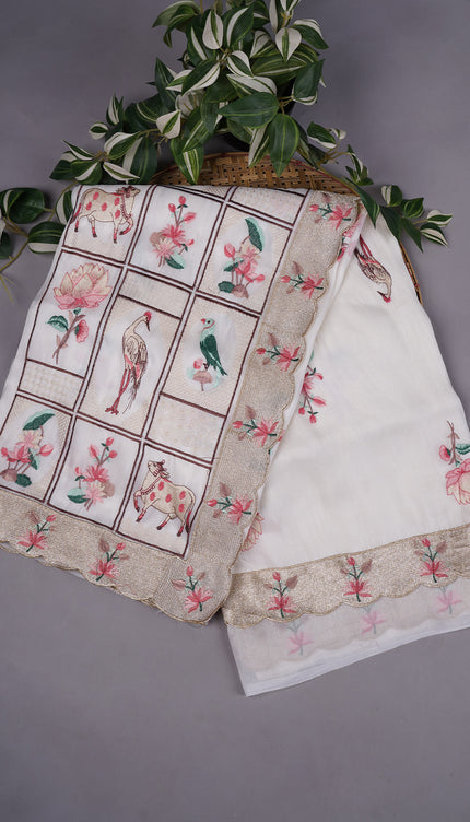 Tissue Soft Organza Silk with Zari & Thread Embroidery, Pichwai design - White