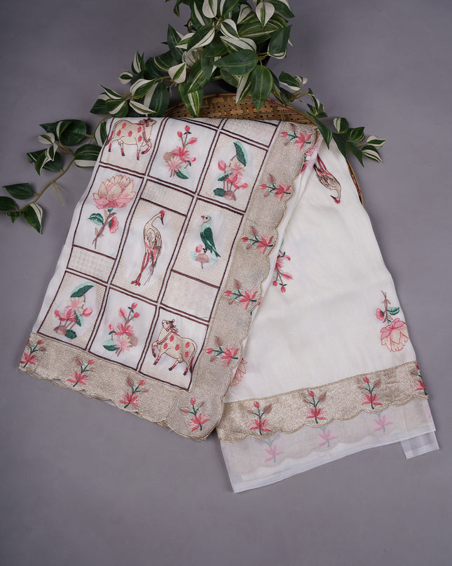 Tissue Soft Organza Silk with Zari & Thread Embroidery, Pichwai design - White