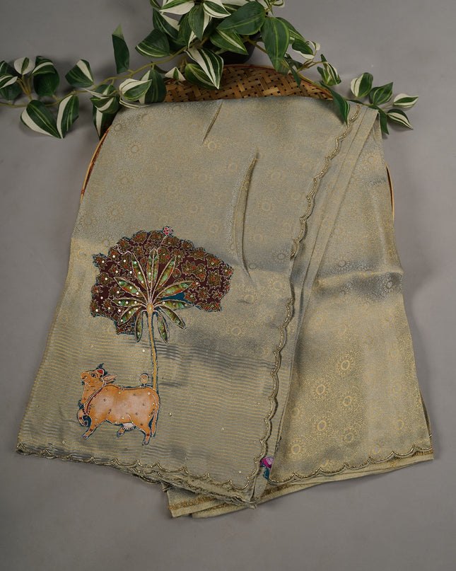 Banaras Silk With Applique And Scallop Border With Kardana Work -  Grey