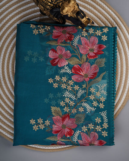Soft organza saree with thread work butties and lace border  - Teal Blue