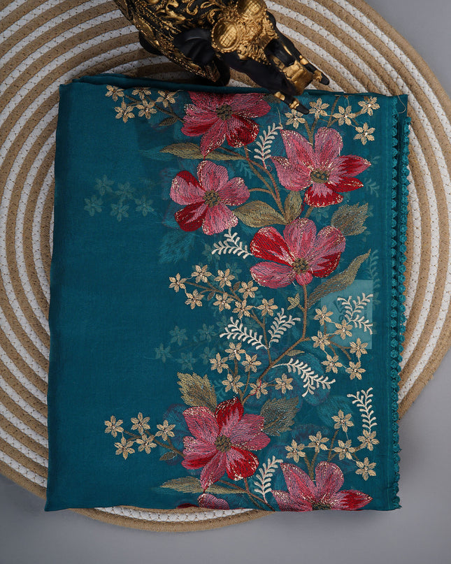 Soft organza saree with thread work butties and lace border  - Teal Blue
