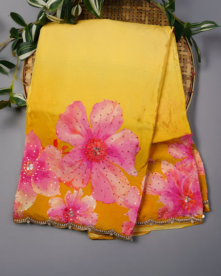 Crepe Saree With Floral Print Scallop Border Kardana Sequence Work - L Yellow