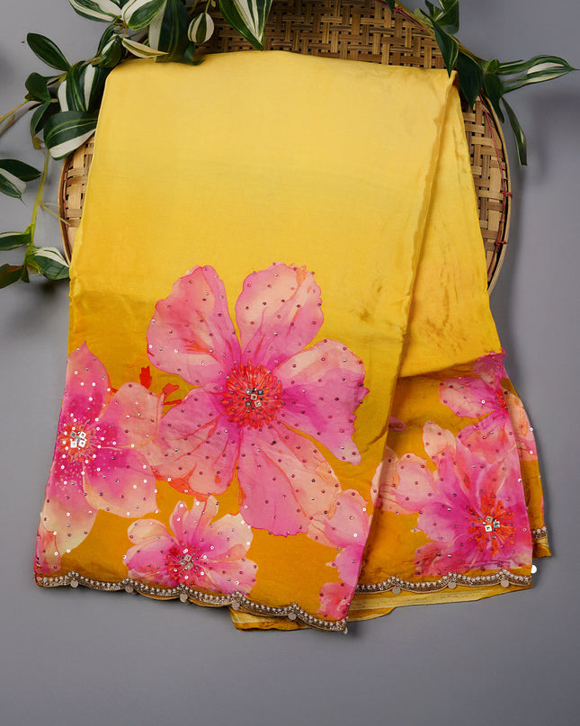 Crepe Saree With Floral Print Scallop Border Kardana Sequence Work - L Yellow