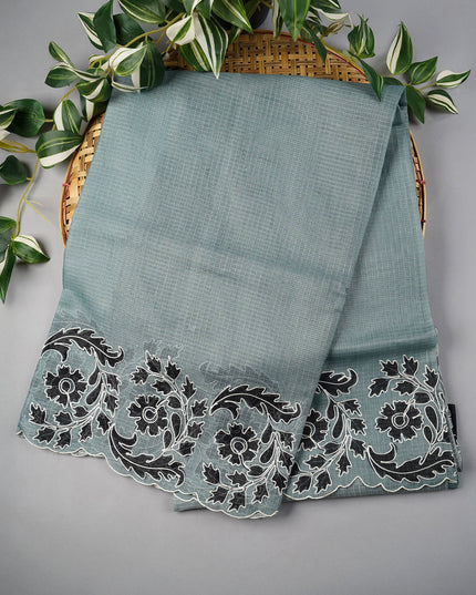 Kota Silk Saree With Floral Print & Ari Work Scallop Border - Greenish Grey