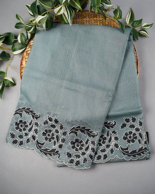 Kota Silk Saree With Floral Print & Ari Work Scallop Border - Greenish Grey