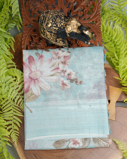 Kota cotton Saree with Floral Print - Sky Blue