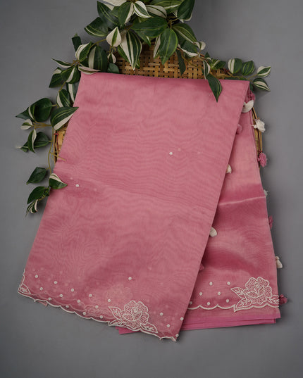 Tissue Linen Saree With Scallop Border With Pearl Work - Pink