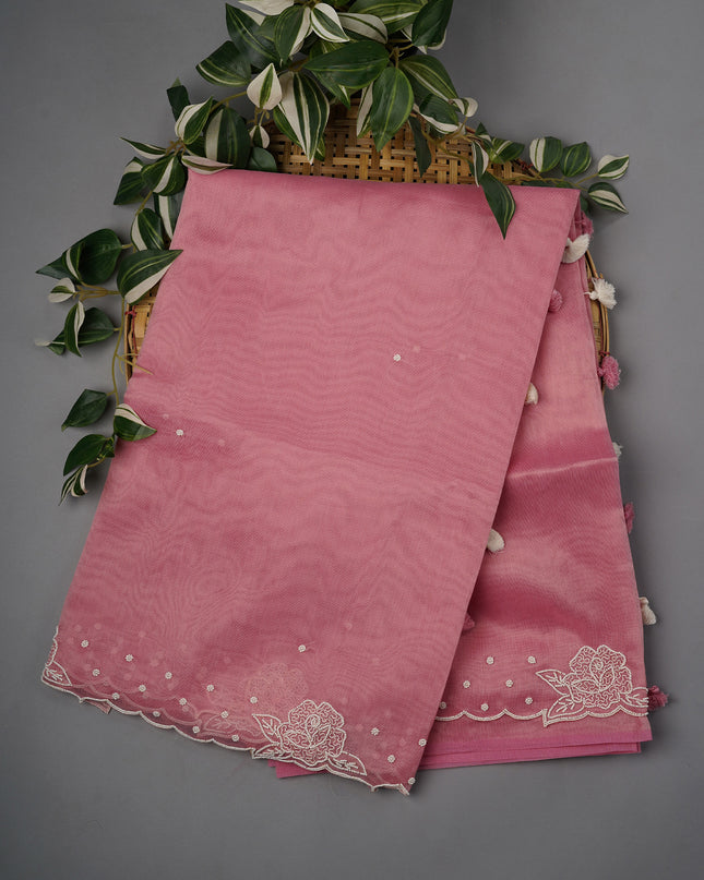 Tissue Linen Saree With Scallop Border With Pearl Work - Pink