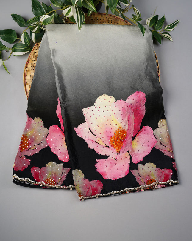 Crepe Saree With Floral Print Scallop Border Kardana Sequence Work - Greyish Black