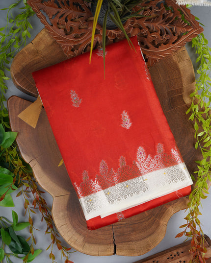 Chanderi Silk Saree With Golden Meenakari Butties & Contrast Border - Rust