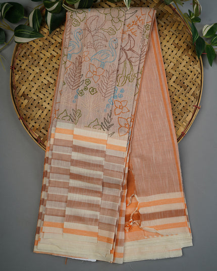 Handloom Cotton Print Saree - Peach & Cream