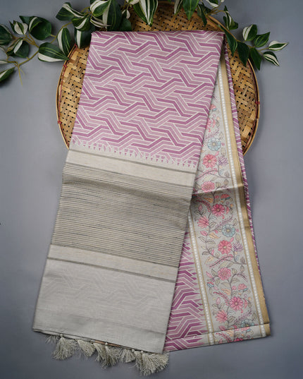Tusser Silk Saree With Floral Print Border - Light Pink