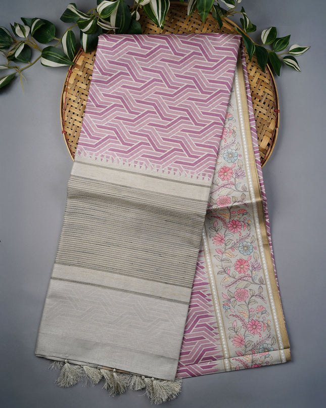Tusser Silk Saree With Floral Print Border - Light Pink