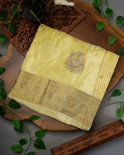 Russian Crepe with Zardozi Butties and Banaras Border- Yellow