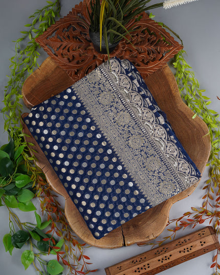 Banarasi Kaddi Georgette Saree With Gold & Silver Polka Dot With Scallop Border - Blue